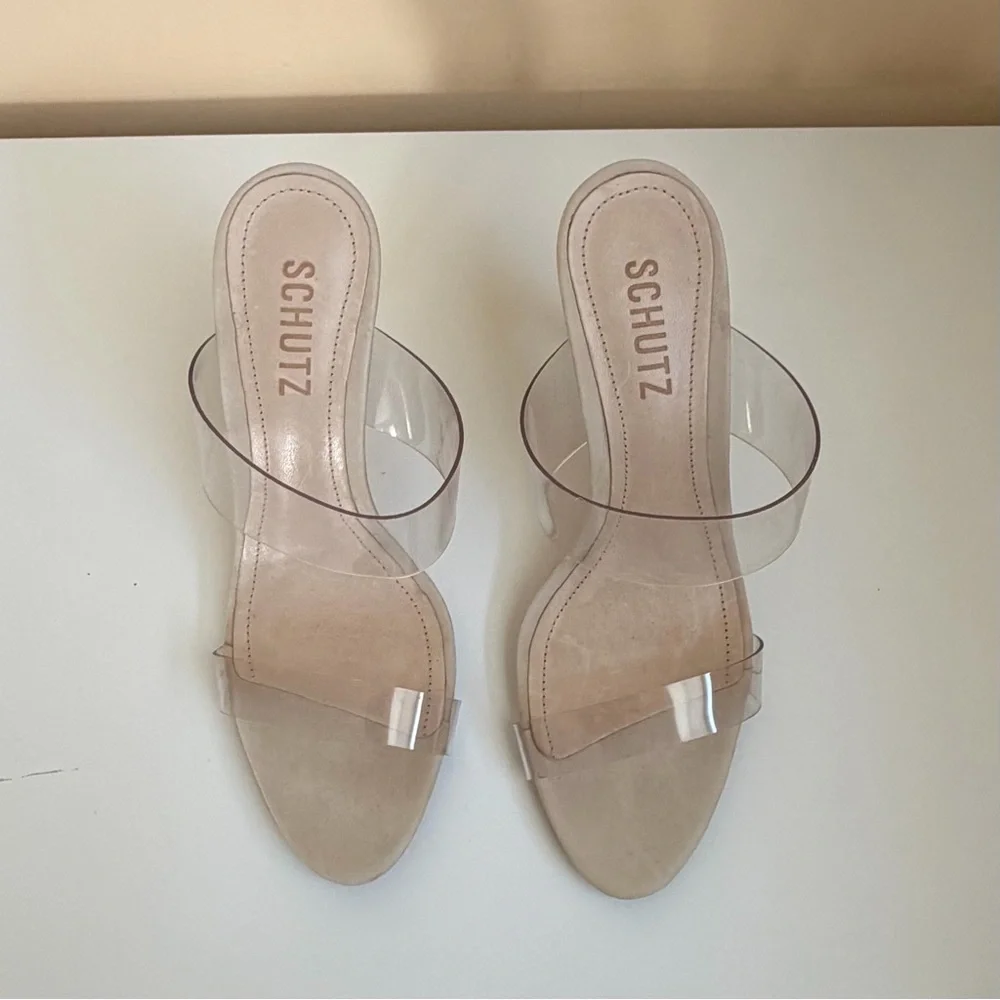 SCHUTZ Clear Vinyl Strappy Nude Stiletto Heels
